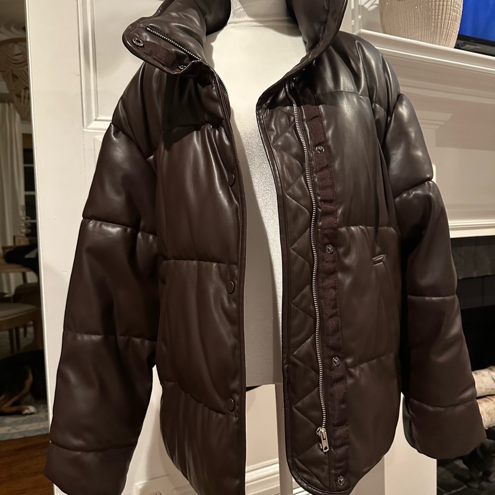 Zara Faux Leather Puffer Jacket in Chocolate Brown